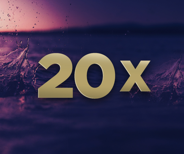 Gold 20X in the middle of purple splash background