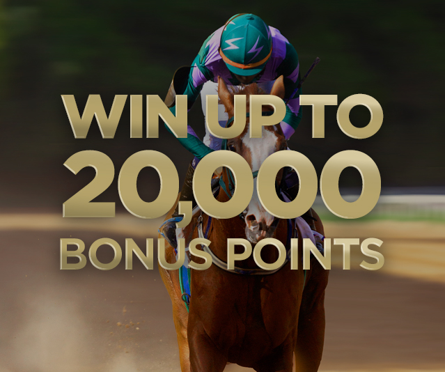 Win up to 20,000 bonus points in the middle of jockey on racing horse background