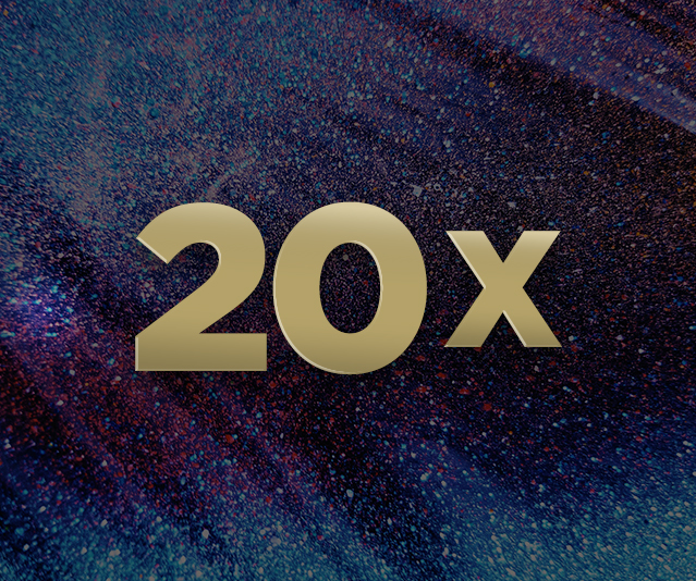 Gold 20X in the middle of sparkly colourful background