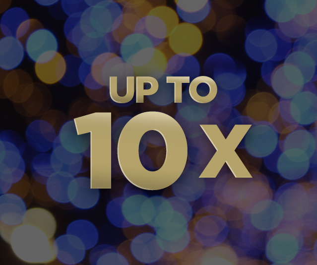 Blurred multicolour lights in the background with 'Up to 10x' in gold block text in the middle.