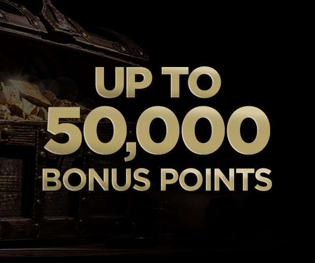 Up to 50,000 bonus points in the middle of dark background and a chest filled with gold