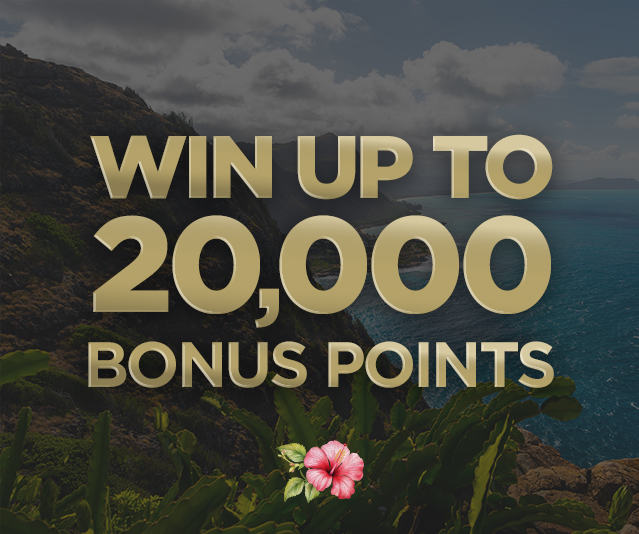 Hawaiian island scenery in the background with 'WIN UP TO 20,000 BONUS POINTS' in the middle and a hibiscus emoji underneath