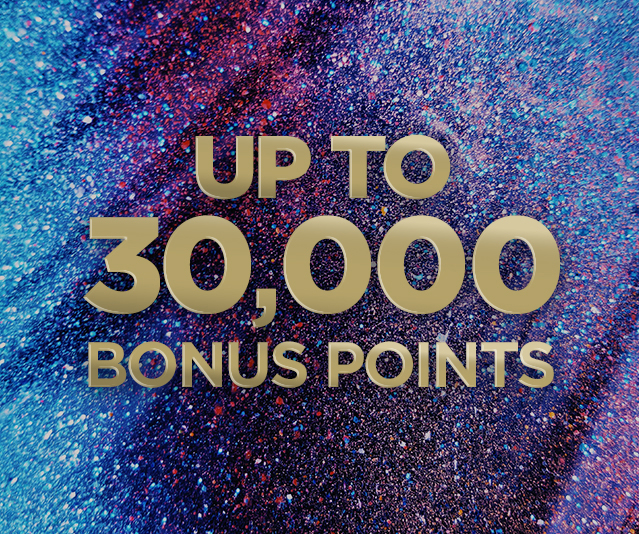 Win up to 30,000 bonus points in the middle of a blue and purple glittery background