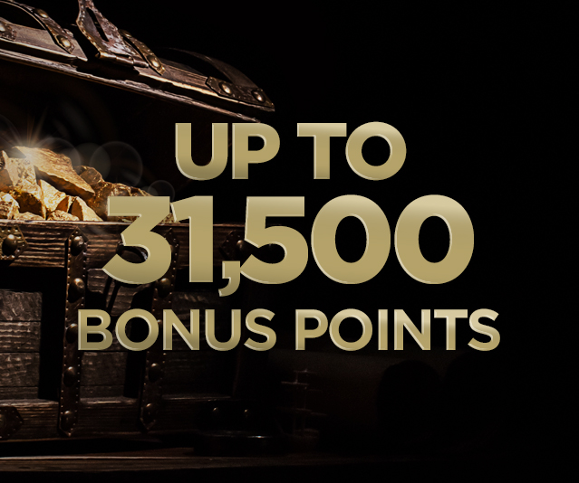 'Up to 31,500 bonus points' in the middle of dark background and a close up treasure chest filled with gold