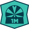 Dark blue roulette wheel icon with '1M' at the bottom in the middle of a teal polygon