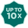 Teal Polygon Icon with "up to 10X" in the middle