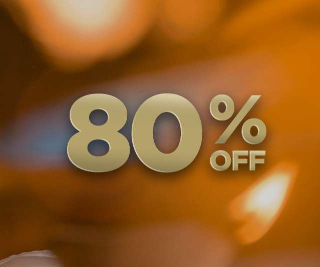 “80% off” in the middle with blurred warm light in the background