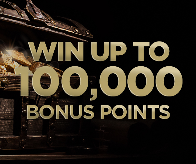 "Up to 100,000 bonus points" in the middle of dark background and a close up treasure chest filled with gold