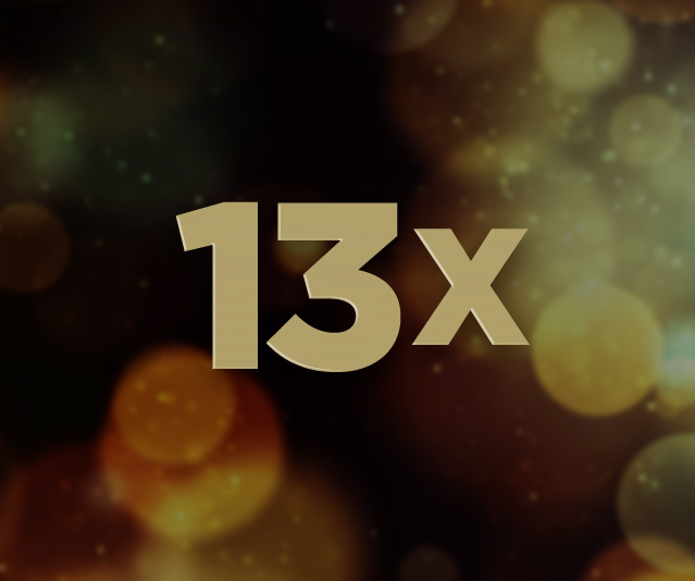 '13X' in the middle with an image of partially blurred gold sequins in the background