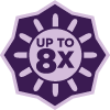 'Up To 8x' in the middle of an icon on a sun within a purple and lilac polygon