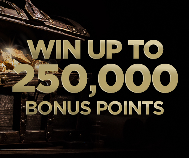 'Win Up to 250,000 bonus points' in the middle of dark background and a close up treasure chest filled with gold