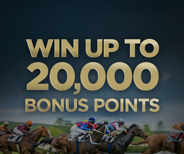'Win up to 20,000 bonus points' with an image of jockeys on horses during a race