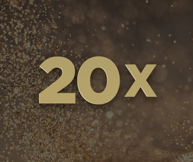 '20X' in the middle with gold sparkles in the background