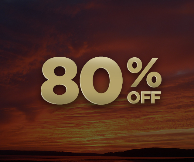 '80% OFF' in the middle of a sunset background