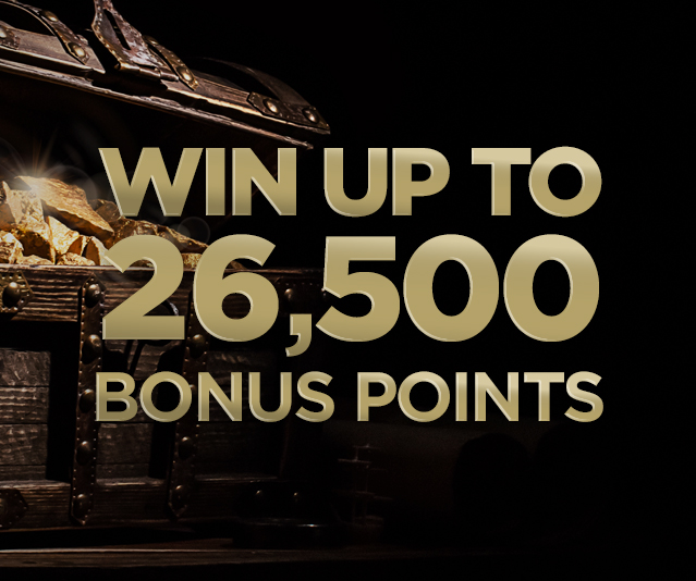 'Win up to 26,500 bonus points' in the middle of dark background and a close up treasure chest filled with gold