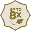 'up to 8x' in the middle of a polygon icon with fall leaves