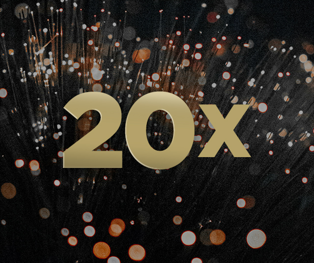 20x in the middle of a sparkly black and orange background