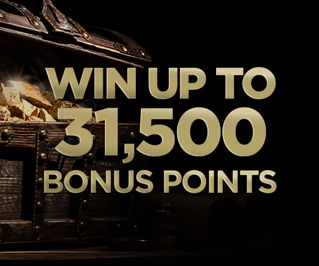 'Win up to 31,500 bonus points' in the middle of dark background and a close up treasure chest filled with gold
