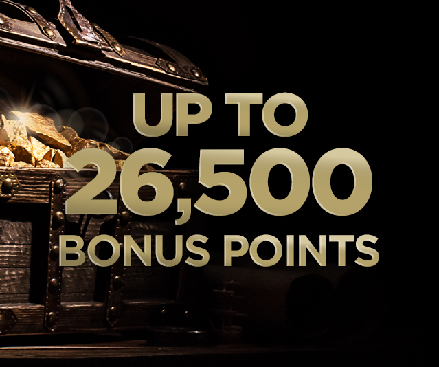 'Win up to 26,500 bonus points' in the middle of dark background and a close up treasure chest filled with gold