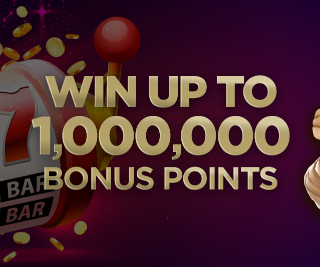 Slot machine with gold coins and text: ‘Win up to 1,000,000 bonus points’ on a dark purple background.