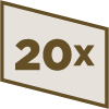 ‘20x’ in the middle of a beige and brown parallelogram
