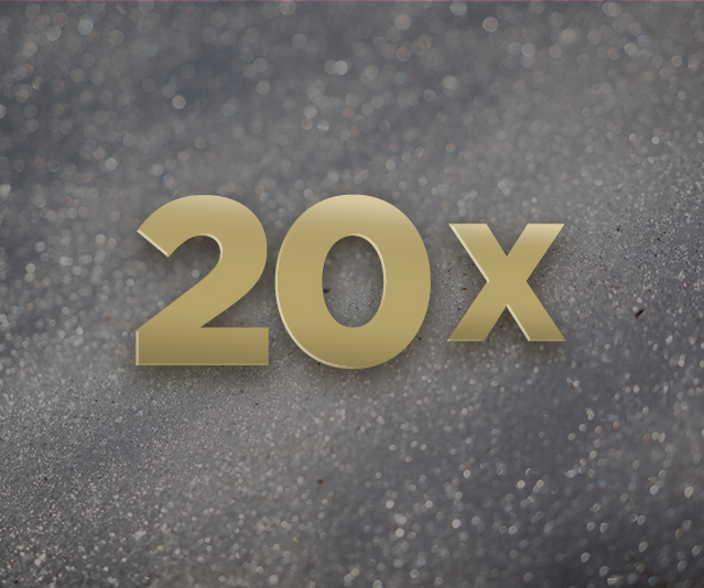 ‘20X’ in the middle of a sparkly grey background