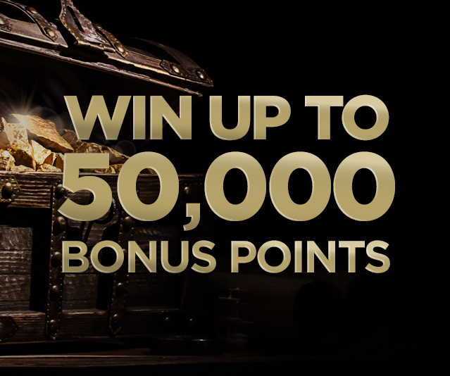 'Win up to 50,000 bonus points' in the middle of dark background with a close up treasure chest filled with gold