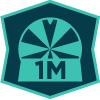 ‘1M’ on a graphic of a pinwheel in the middle of a teal and navy blue octagon.