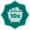 ‘10X’ on a pot of gold icon inside a teal polygon.