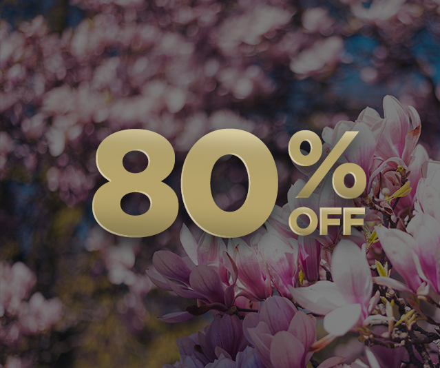 ‘80% OFF’ over a background of pink and white blooming flowers.