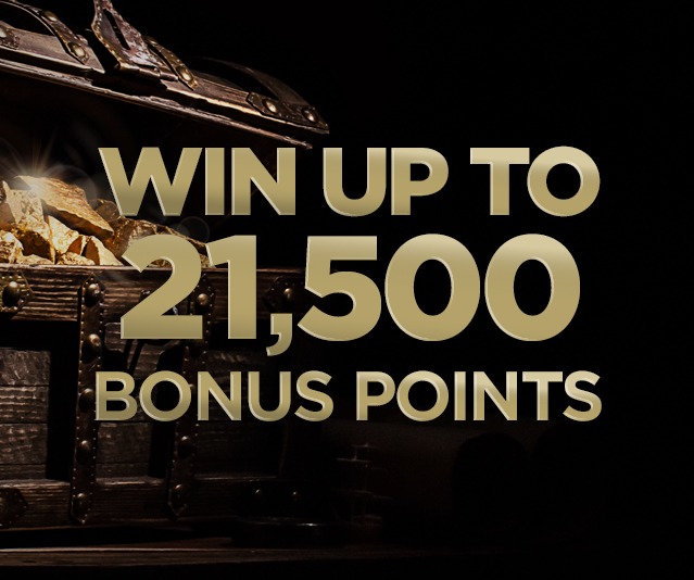 'Win up to 21,500 bonus points' in the middle of dark background and a close up treasure chest filled with gold