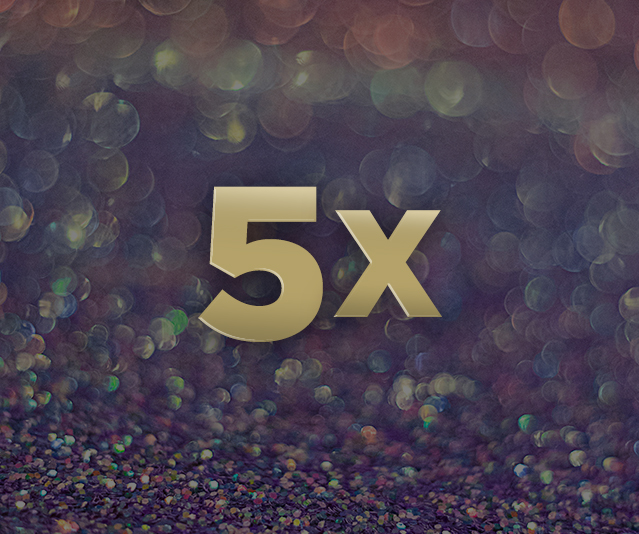 '5X' in the middle of a dark shimmery background with fine glitter and multicoloured bokeh lights