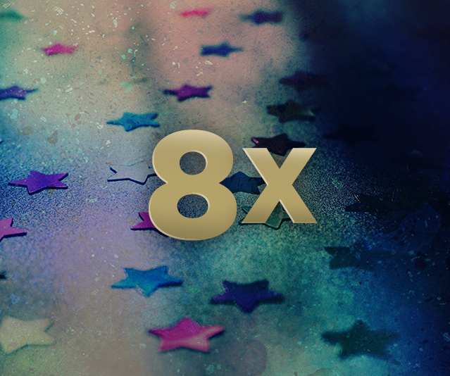 8X in the middle of a colourful star stickers background