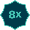 Teal and navy polygon icon with 8X in the middle