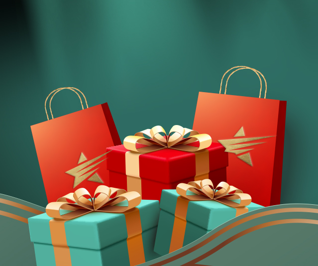 An arrangement of wrapped presents and shopping bags with the Winner's Edge star logo on them.