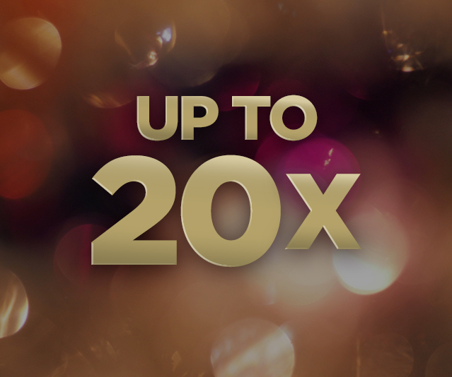 'Up to 20X' on a warm, blurred background with soft bokeh lights